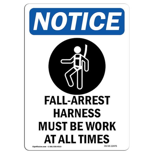OSHA Sign, Fall-Arrest Harness With Symbol, 5in X 3.5in Decal, 10PK, 3.5" W, 5" H, Portrait, PK10